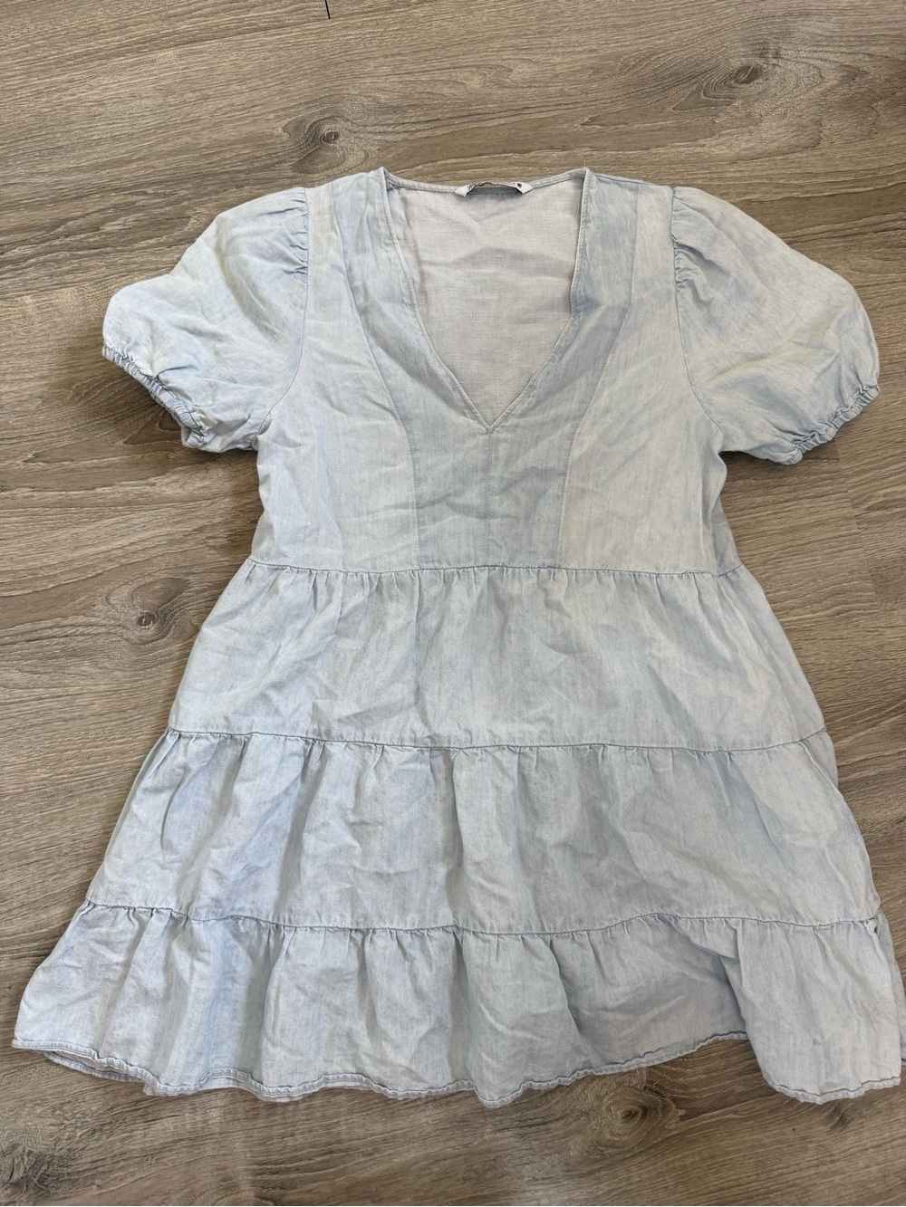 Zara Linen Blend Dress Tiered V-Neck - Blue Jean Color‎